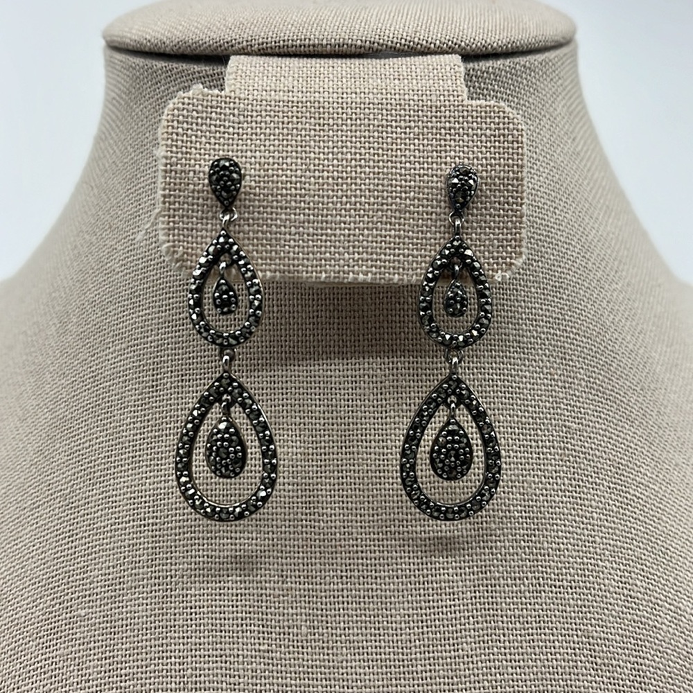 Suspicion Marcasite 🖤 Sterling Silver Teardrop Stud Earrings 🌟 - Picture 3 of 13
